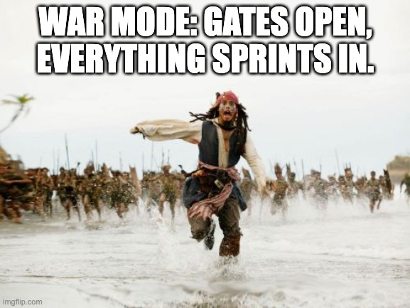 Meme of Jack Sparrow running through shallow water with soldiers chasing him