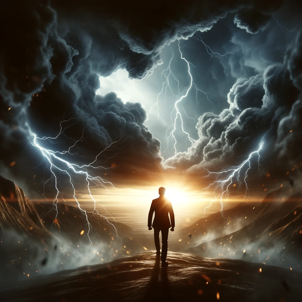 A person standing resiliently amidst a storm, with dark clouds and lightning in the background, symbolizing strength and determination in the face of challenges