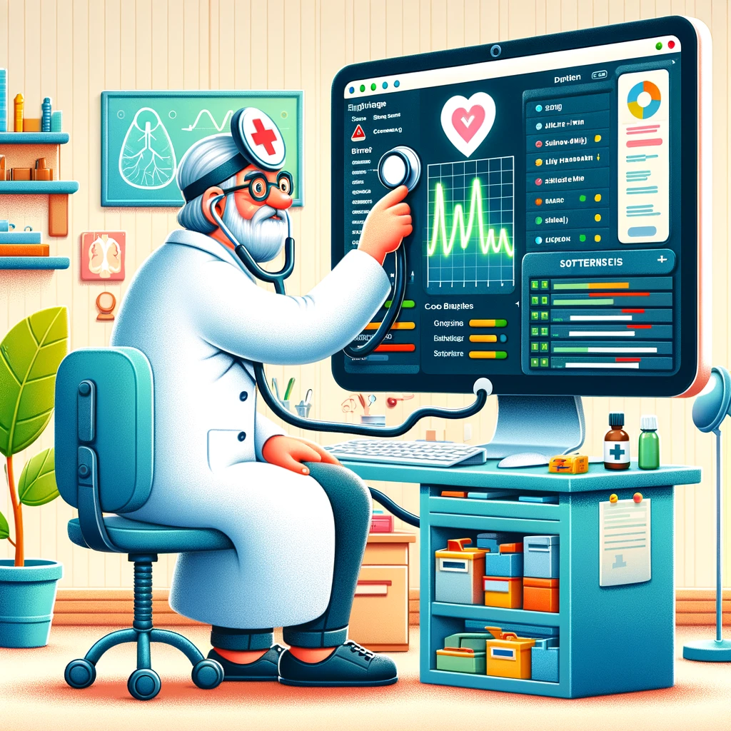 concept of engineering health, showing a doctor character examining the health of a software system
